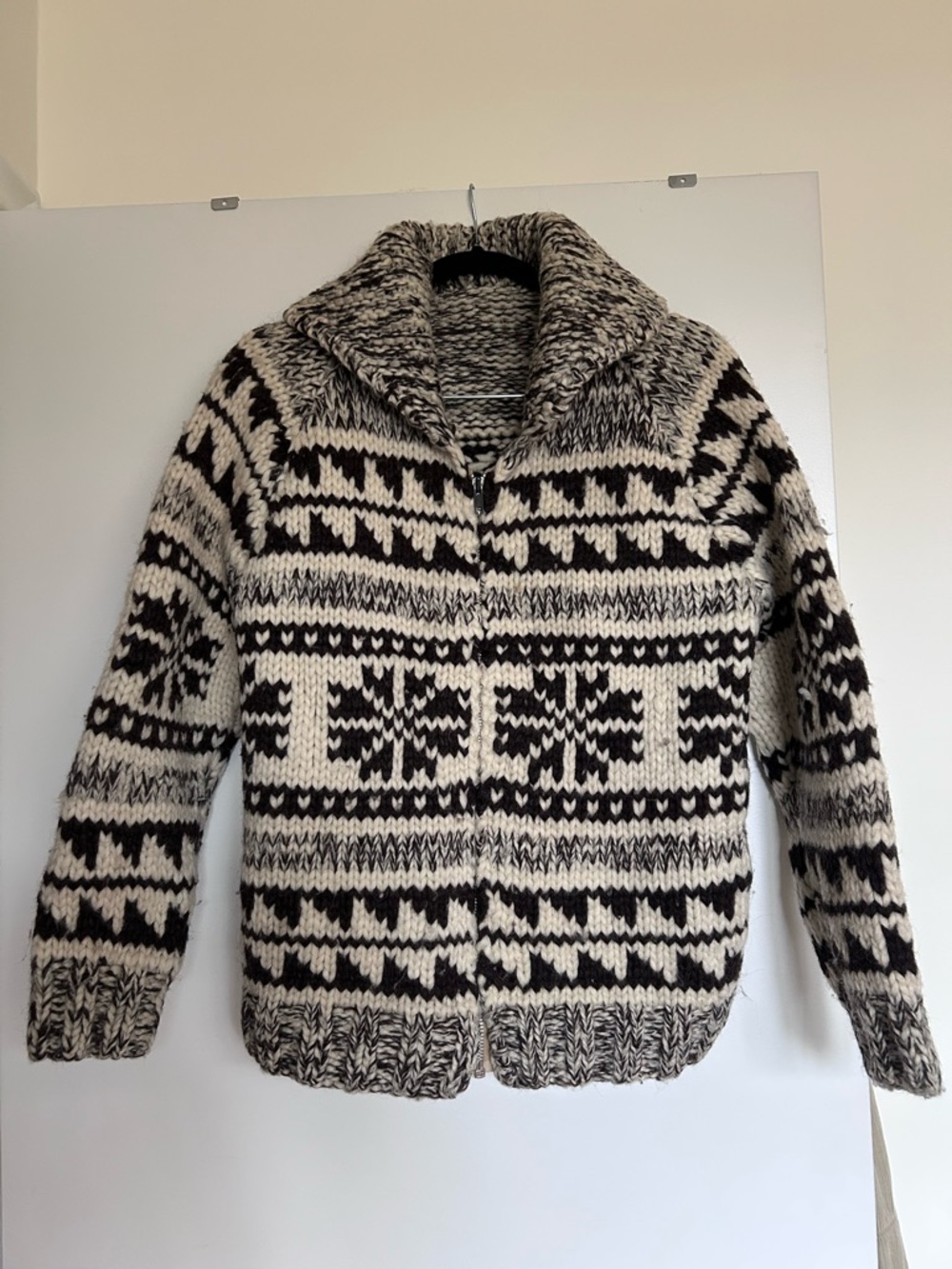 Handknit Chunky Shawl Collar Cardigan - Black & Cream Fair Isle